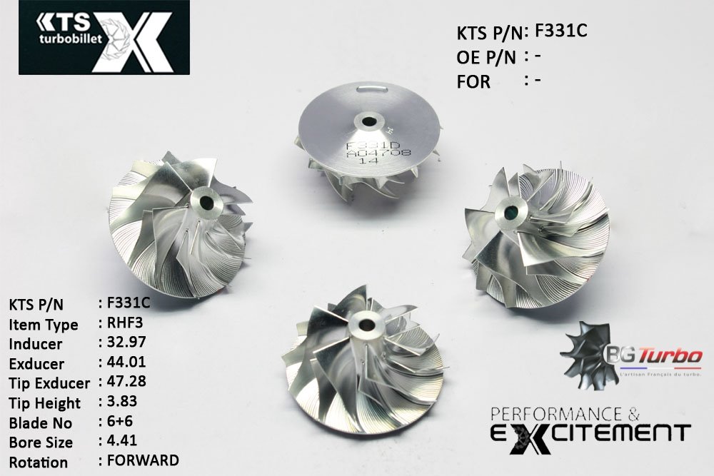 Turbo ROUE FORGÉE MFS PERFORMANCE - 6+6 PALES - INDUCER : 32,97 - EXDUCER : 44,01 - TYPE : RHF3ANGLE : 70° - ROTATION : Forward - SUPER BACK : 2,36 - BORE SIZE : 4,41

